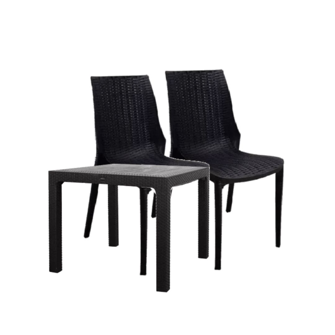 Combo X2 Silla Plastica Simil Ratan Sin Apoyabrazos Harmony + Mesa Cuadrada Plastico Simil Ratan 90x90 Cm